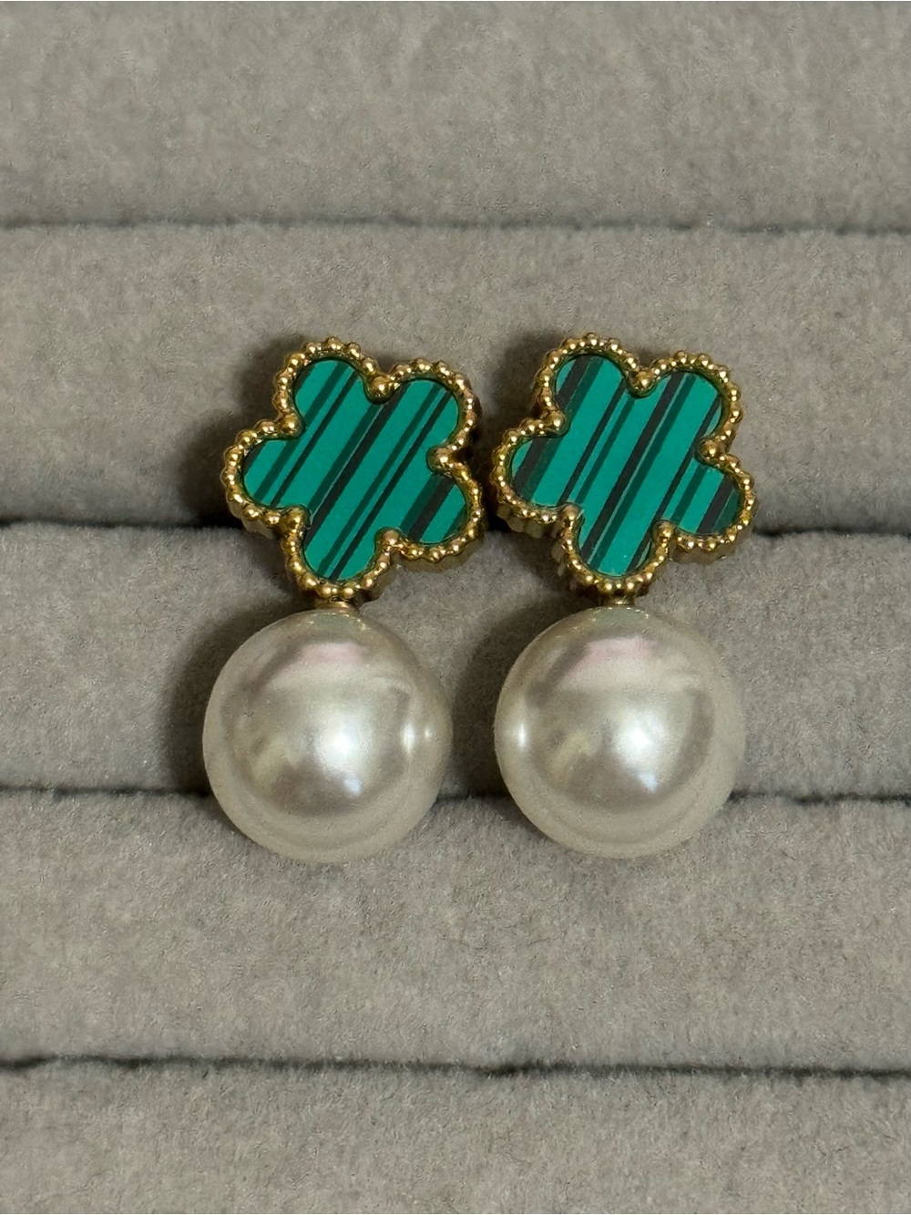 Green Enamel Clover and Pearl Drop Earrings